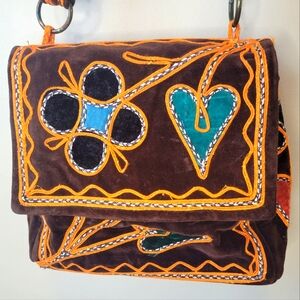 Brown Suede Shoulder Bag with Teal & Orange Appliqué